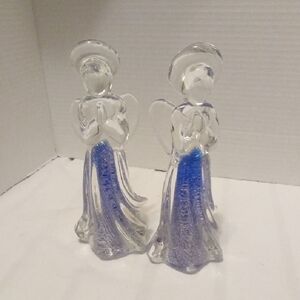 Murano Style Glass Prying  Angels Figurines with Colbolt Blue Accents